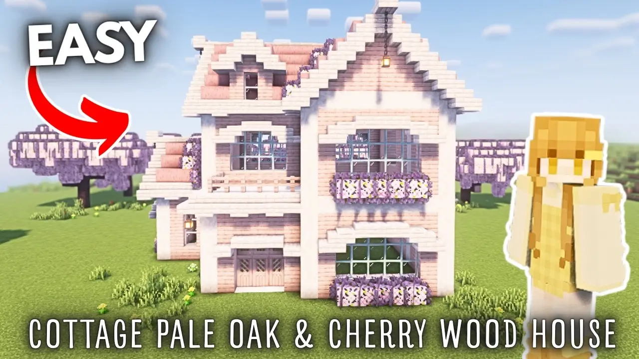 build a pale oak and cherry blossom cottage in minecraft thumbnail